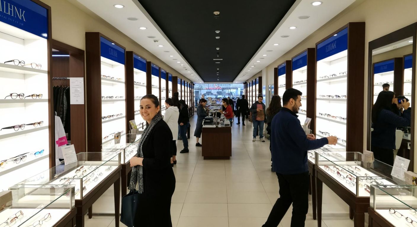 A bustling shopping mall in Şişli, Istanbul, with well-lit optician shops displaying rows of eyeglasses, where a smiling shop assistant helps a customer try on frames.