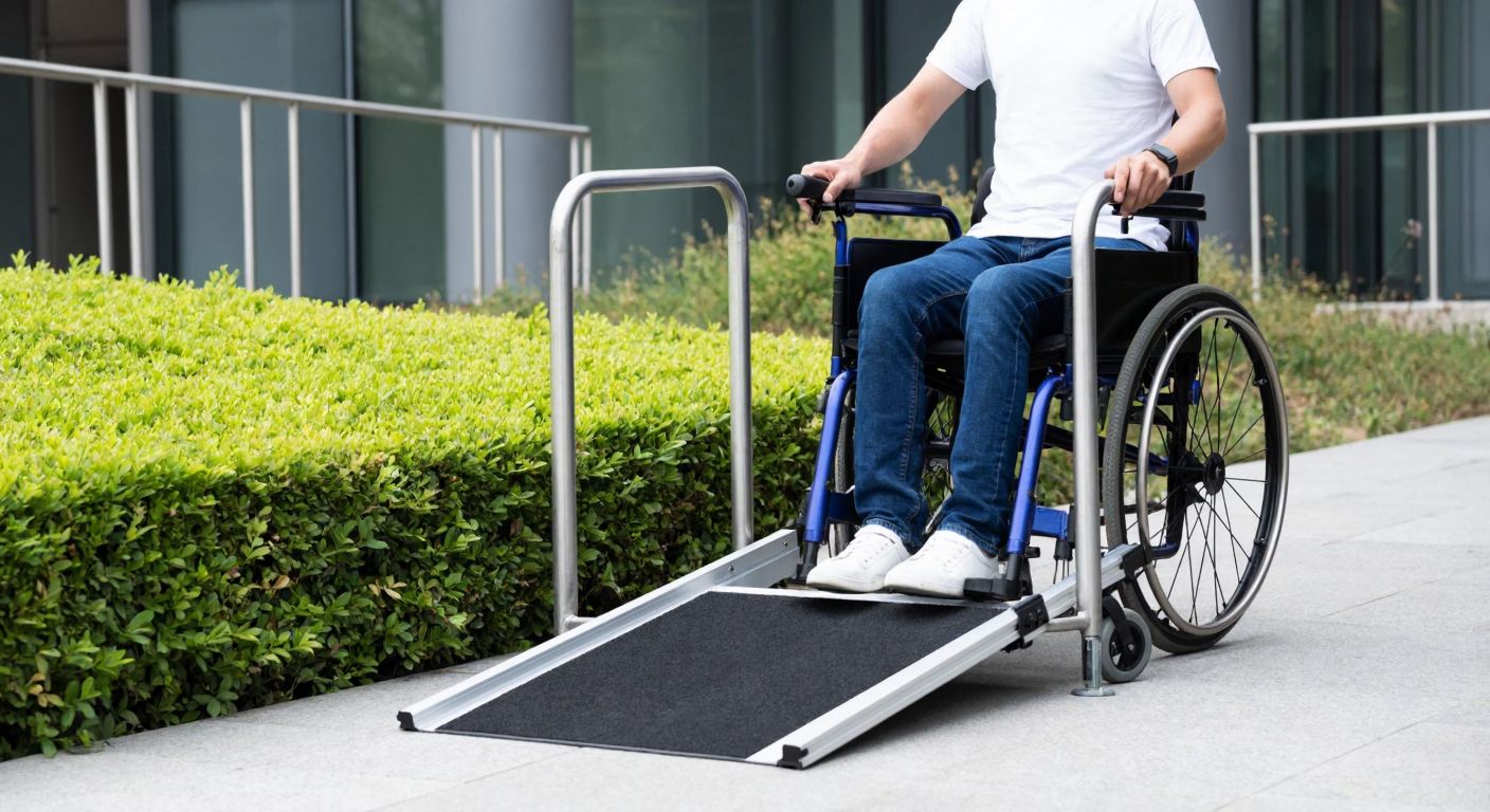 A sturdy, foldable wheelchair ramp with non-slip steps is being effortlessly unfolded by a person in a public setting, while a wheelchair user waits nearby, ready to ascend the gently sloped ramp with handrails on both sides.