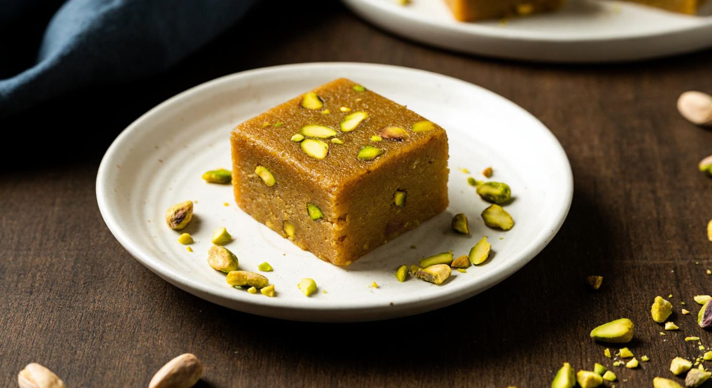 A small golden-brown square of pistachio-studded helva sits on a white ceramic plate, surrounded by scattered crushed pistachios, evoking warmth and indulgence.