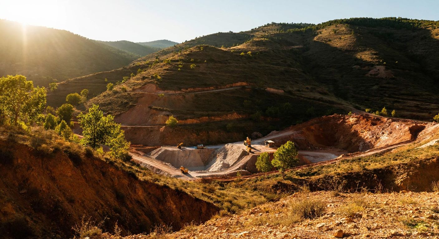 A rugged, sunlit Turkish landscape with rocky hills and sparse vegetation, dotted with small mining sites where workers in hard hats extract thorium-rich ore, conveying a sense of national pride and natural wealth.