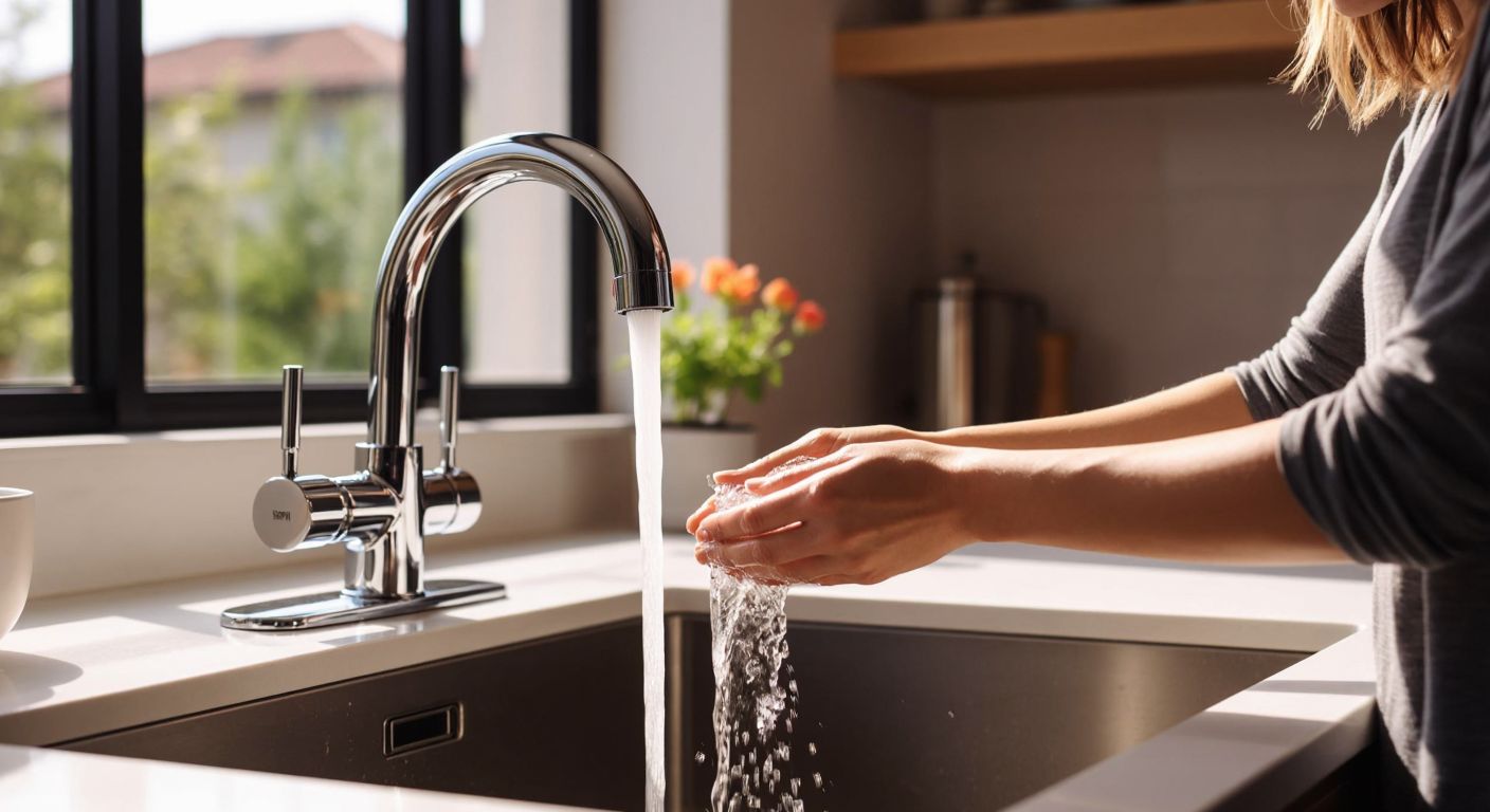 A gleaming chrome Euromix faucet installed in a modern Turkish kitchen, with a smiling homeowner testing the smooth water flow while sunlight reflects off the polished surface.