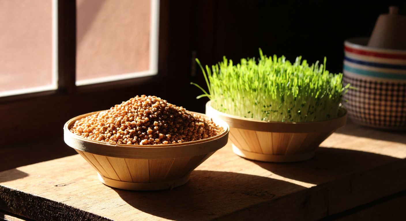 A rustic wooden table in a Turkish kitchen holds two small woven baskets—one filled with golden-brown buckwheat grains and the other with vibrant green sprouted buckwheat, sunlight streaming through a window onto a checkered cloth.
