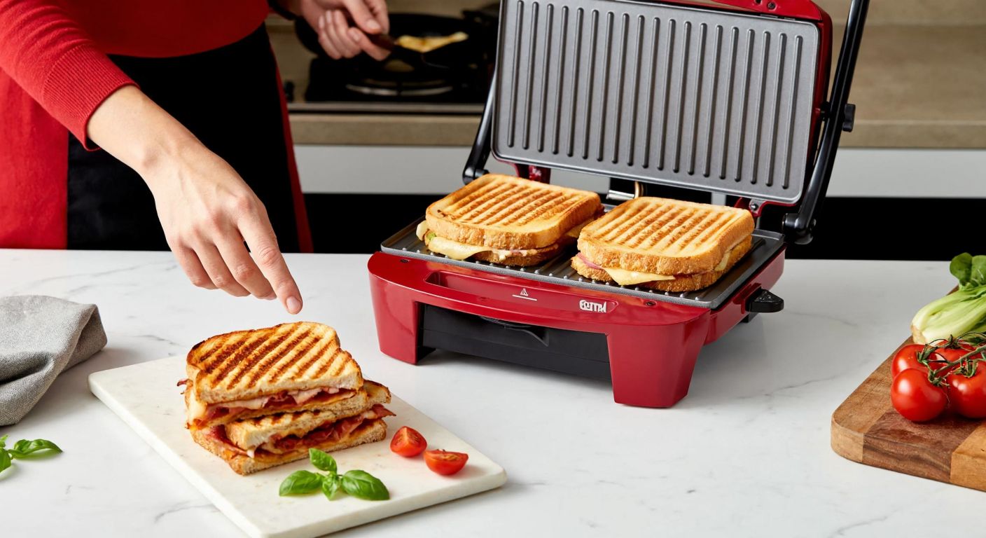A warm Turkish kitchen with a red Arzum tost makinesi on a marble countertop, golden-brown tost sandwiches sizzling inside, and a hand placing fresh ingredients nearby.