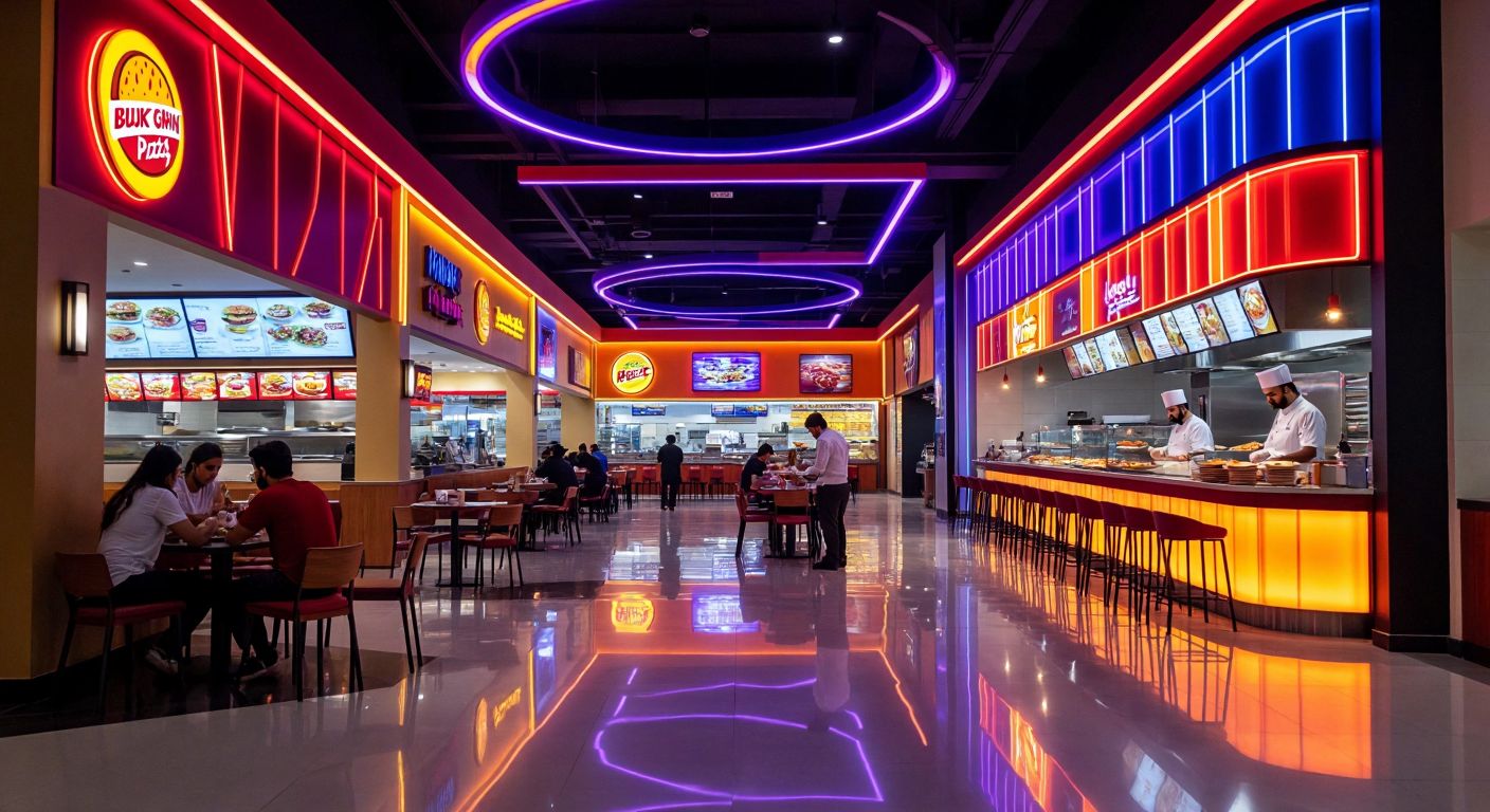 A bustling Kuwaiti food court with vibrant neon lights reflecting off polished floors, featuring diverse fast-food stalls like Burger King and Pizza Hut, alongside local Kout-owned restaurants like Fley Fley, with chefs in crisp uniforms preparing dishes and customers of various backgrounds enjoying meals at sleek, modern tables.