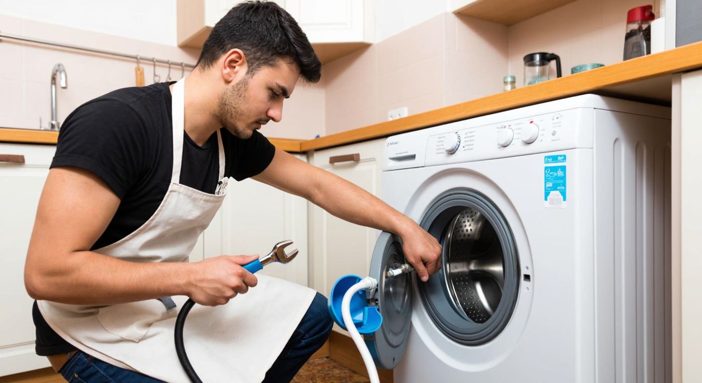 A person in a Turkish home kitchen, wearing an apron, carefully connecting a water hose to the back of a washing machine while checking for leaks, with a wrench nearby and a focused expression.