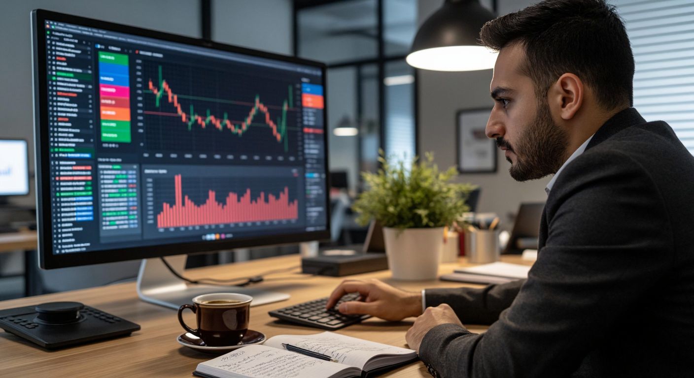 A focused Turkish investor in a modern office, analyzing colorful financial charts on a large monitor, with a steaming cup of Turkish coffee beside a notebook filled with handwritten calculations.