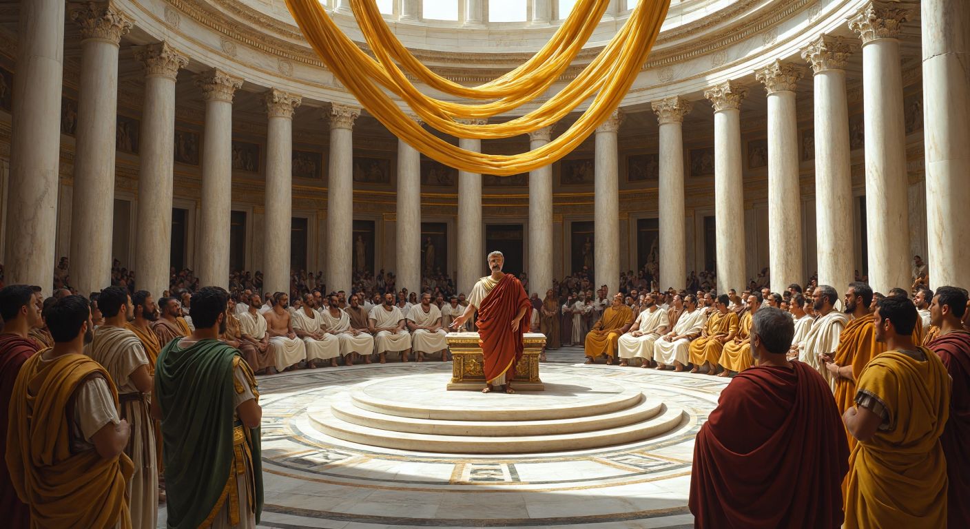 A grand marble hall with three distinct groups—a robed consul on a raised throne, a circle of senators in togas debating at a round table, and a diverse crowd of citizens gathered in the sunlight of an open forum—all interconnected by flowing golden threads symbolizing balance and mutual oversight.  

*(Note: The description avoids explicit Turkish context since the query and response focus on ancient Roman and broader political theory.)*