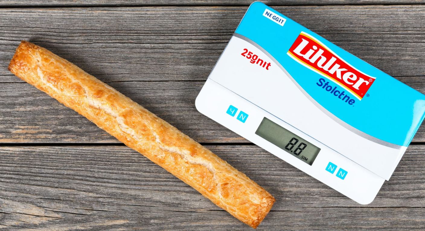 A large, golden-brown crispy cracker stick rests on a rustic wooden table next to a small scale showing its weight, with a bright blue and white Ülker packaging peeking from the corner.