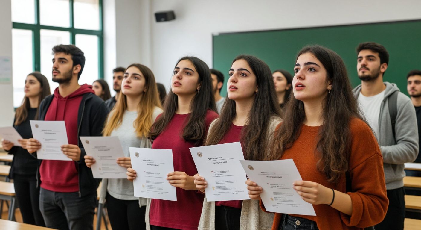 A group of diverse young adults in a Turkish university classroom, some looking confused while holding outdated teaching certificates, while others appear hopeful as they observe a modern, interactive teaching demonstration at the front.
