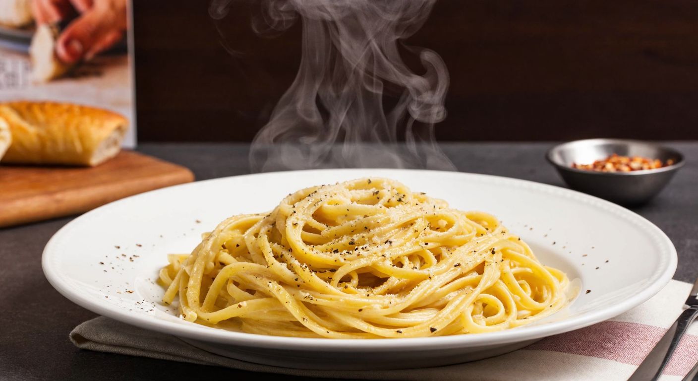 A steaming plate of golden, creamy **cacio e pepe** pasta with a dusting of black pepper, set against a rustic Italian kitchen backdrop with hints of Rome’s historic charm.