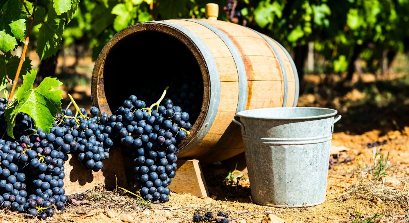 A rustic wooden barrel filled with dark red wine sits beside a cluster of fresh grapes in a sunlit Turkish vineyard, with a weathered metal bucket nearby.