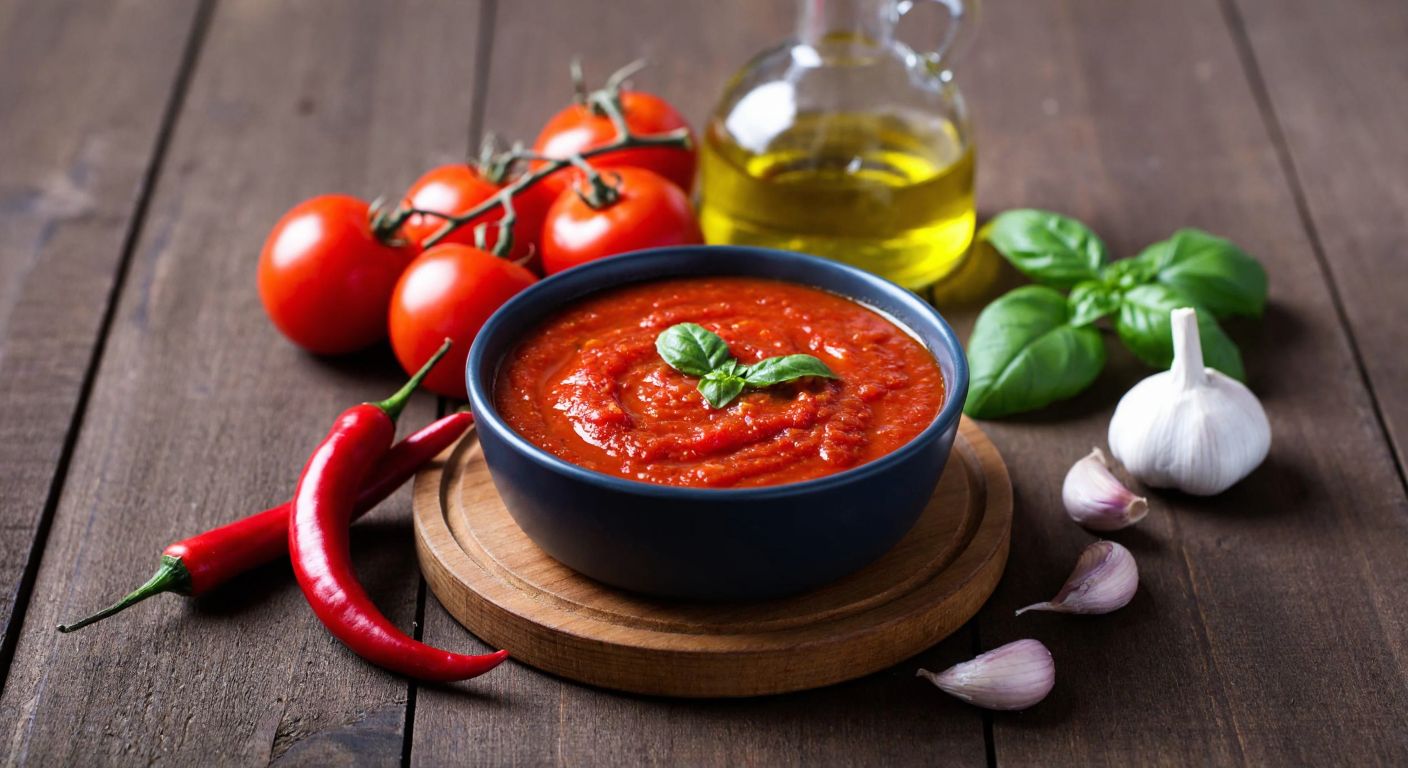A rustic wooden table holds a steaming bowl of vibrant red arrabbiata sauce, surrounded by fresh ingredients—ripe tomatoes, garlic cloves, red chili peppers, olive oil in a glass bottle, and a sprig of basil—evoking warmth and Mediterranean flavors.