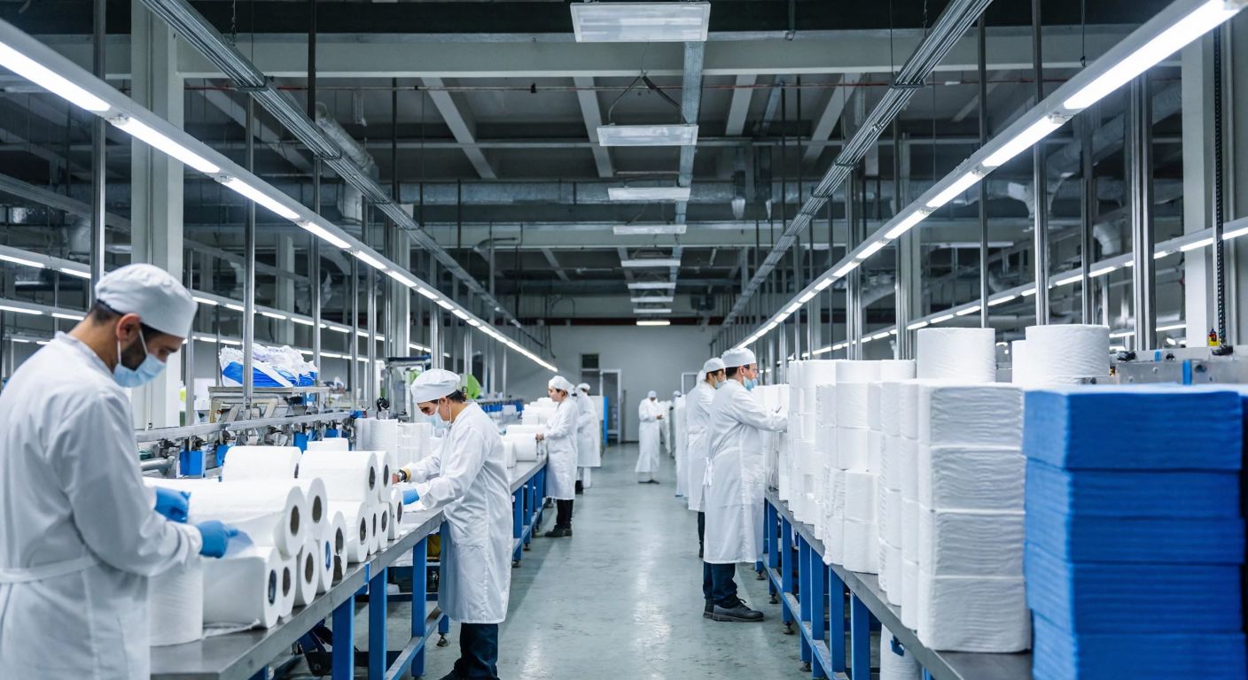 A modern Turkish factory with workers in clean white uniforms producing stacks of hygienic paper towels and toilet paper rolls under bright fluorescent lights.