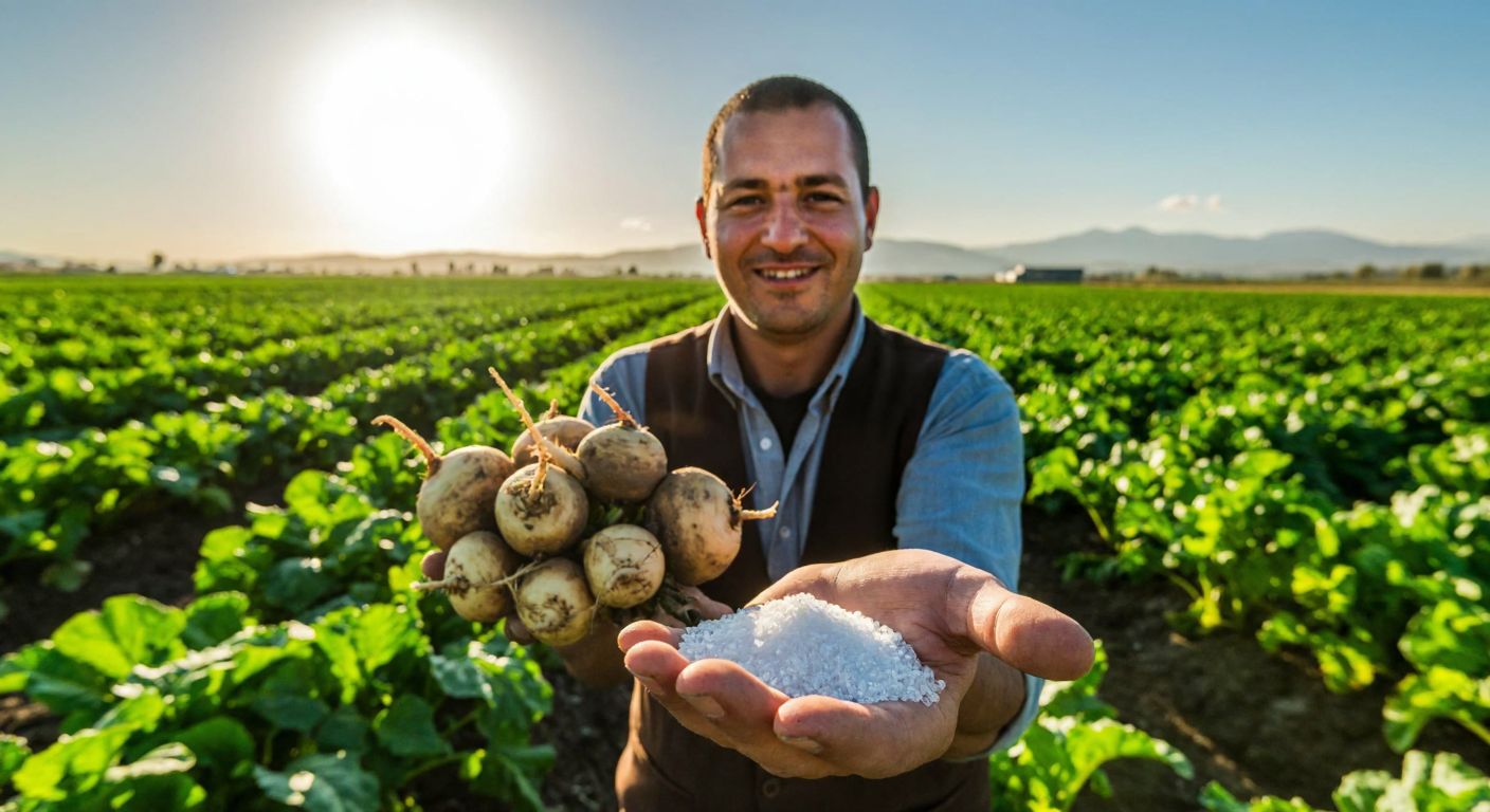 A sunlit field of sugar beets in Turkey, with a farmer holding a freshly harvested beet in one hand and a small pile of white sugar crystals in the other, smiling proudly.