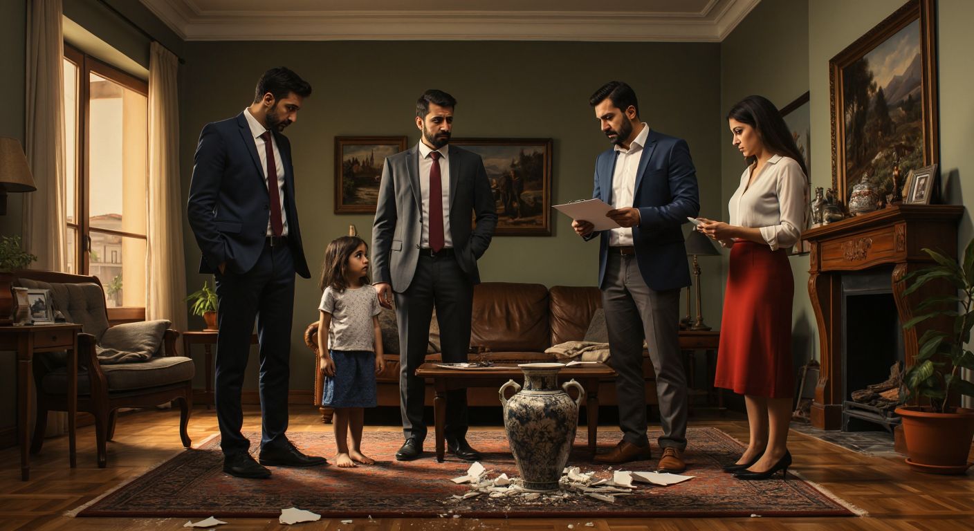 A Turkish family stands in their cozy living room, looking concerned at a broken vase on the floor while an insurance expert in a formal suit examines the damage with a clipboard in hand.