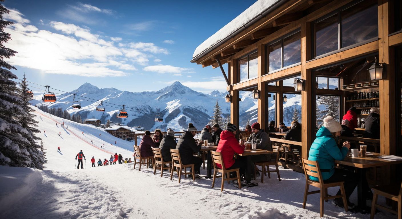 A snowy mountain slope with a cozy wooden café in the foreground, where people in warm winter clothes sip steaming drinks by large windows overlooking the ski lifts.