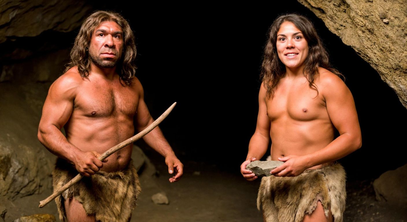 A side-by-side comparison of a robust, heavy-browed Neanderthal and a slender, high-foreheaded Homo sapiens standing in a prehistoric cave, both holding stone tools with curious expressions.
