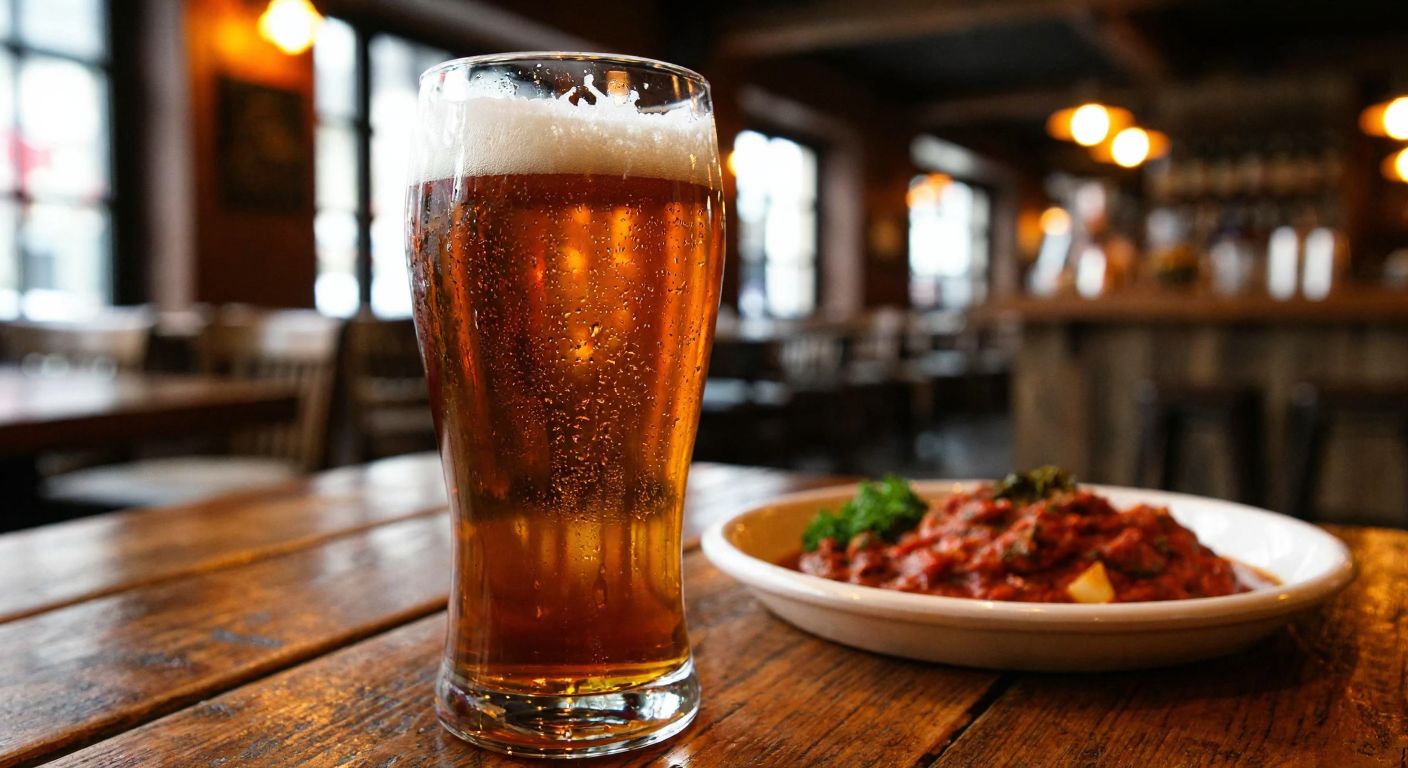 A rustic wooden table in a cozy pub holds a frothy amber ale in a chilled glass, with condensation dripping down the sides, while a plate of spicy Turkish meze sits nearby.