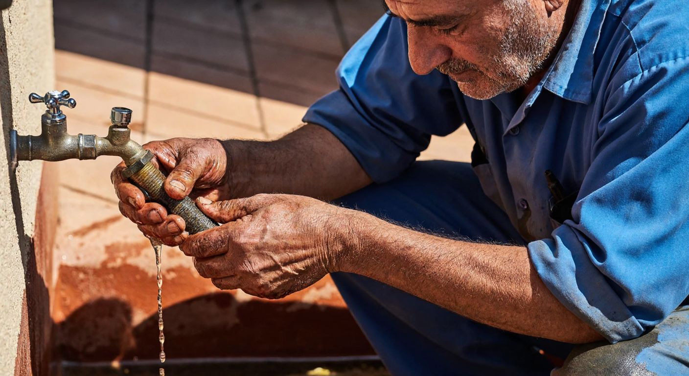 A close-up of a weathered Turkish man in a blue work shirt, his hands covered in grease, carefully tightening a rusty metal pipe under a dripping faucet in a sunlit courtyard with terracotta tiles.