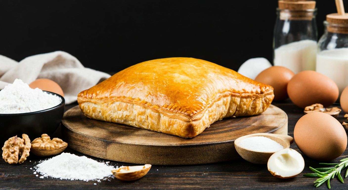 A golden-brown Van pastry sits on a rustic wooden table, surrounded by fresh ingredients like eggs, sugar, yogurt, walnuts, and a bowl of flour, with a hint of citrus zest in the air.
