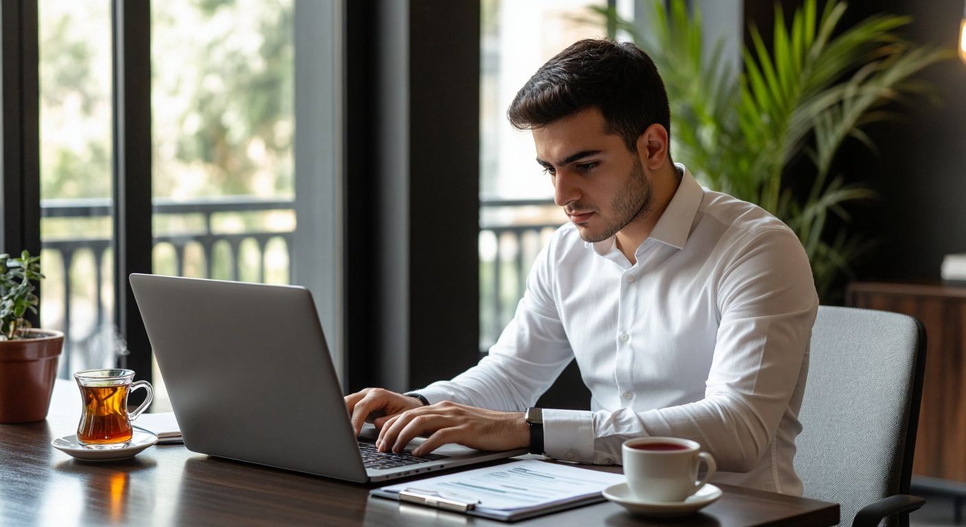 A young professional in a tidy office setting in Turkey, wearing a crisp white shirt, intently typing on a laptop while a neatly organized CV and a steaming cup of Turkish tea sit beside them.
