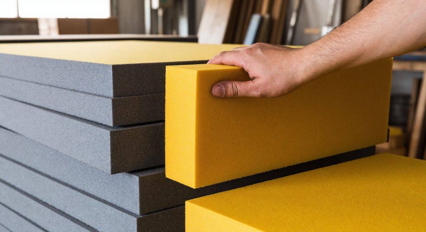 A stack of yellow and gray foam blocks of varying densities, neatly arranged in a Turkish furniture workshop, with a craftsman pressing his hand into one to demonstrate firmness.