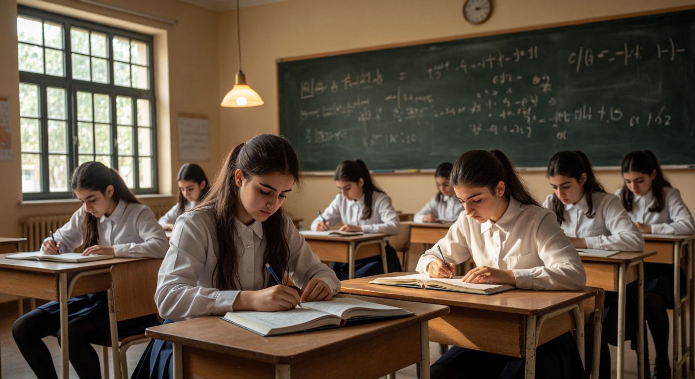 A group of Turkish high school students in uniforms sit at wooden desks, nervously flipping through textbooks and notes under the warm glow of a classroom lamp, with a chalkboard in the background covered in faint equations and diagrams.