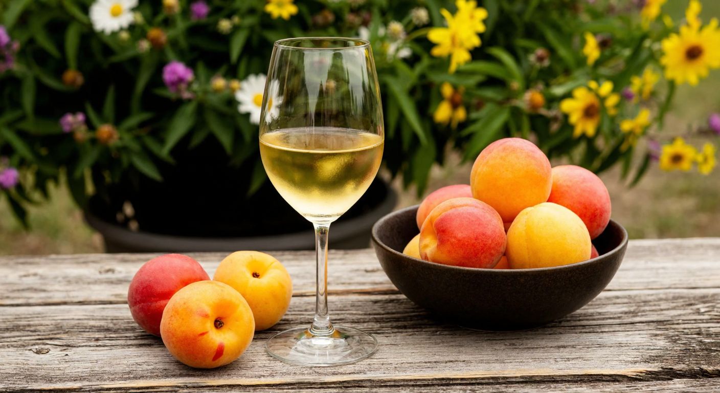 A golden-hued glass of Prodom Viognier wine rests on a rustic wooden table beside a bowl of ripe apricots and peaches, with a bouquet of wildflowers in the background, evoking the wine's fruity and floral aromas.