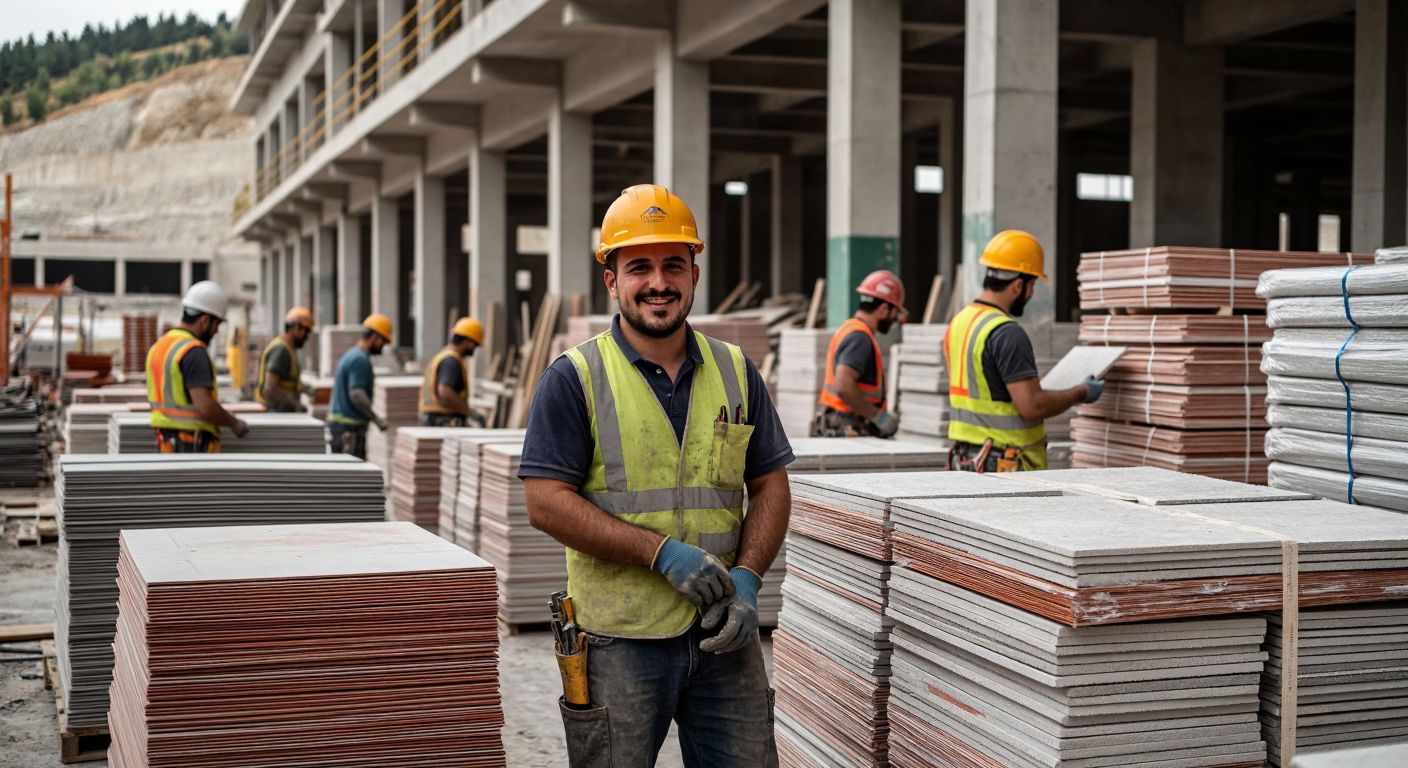 A bustling Turkish construction site with stacks of ceramic tiles, insulation materials, and hardware tools neatly arranged, while workers in hard hats and uniforms collaborate with a smiling supervisor overseeing the operations.
