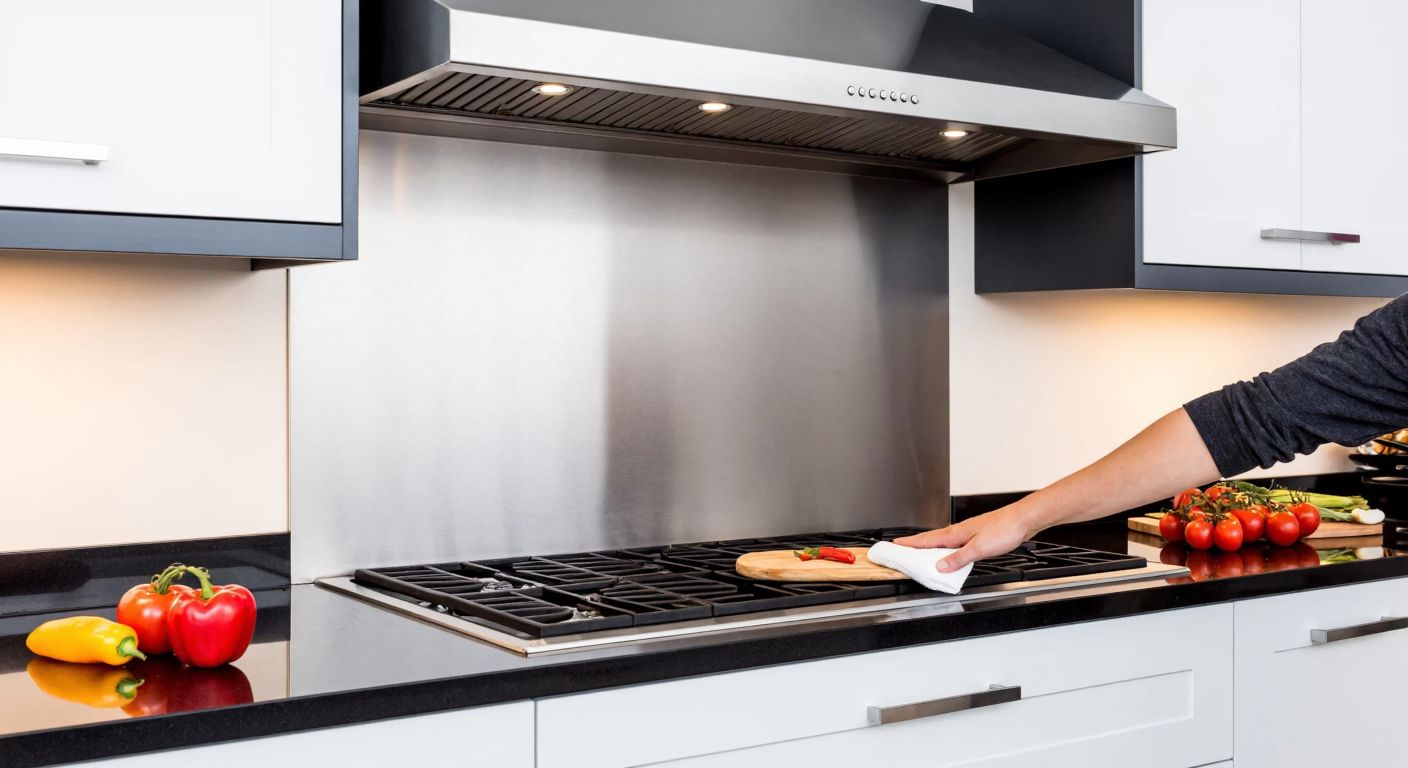 A well-maintained stainless steel range hood in a Turkish kitchen, with a hand wiping its clean surface and fresh ingredients like tomatoes and peppers nearby.