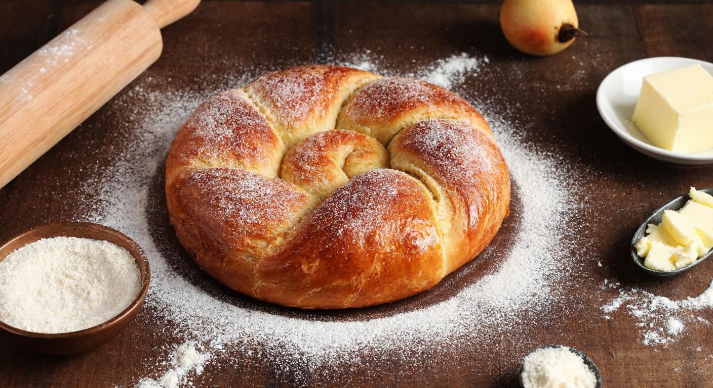 A warm, golden-brown cinnamon-sugar çörek (Turkish pastry) sits on a rustic wooden table, dusted with powdered sugar, surrounded by scattered flour, a rolling pin, and a bowl of melted butter, evoking the cozy atmosphere of a Turkish home kitchen.