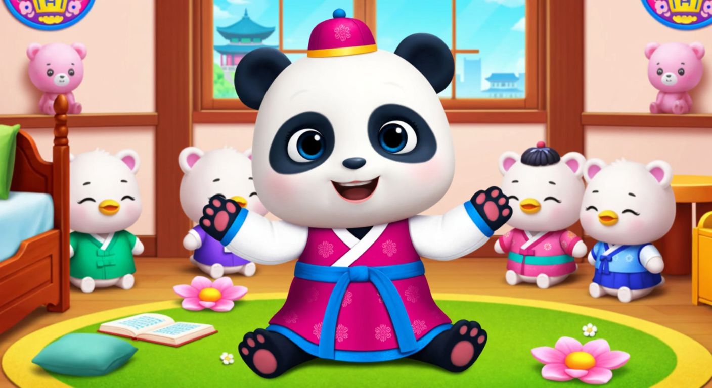A colorful, animated scene of a cheerful baby panda wearing a traditional Korean hanbok, sitting in a vibrant Seoul-inspired nursery surrounded by plush toys and playful Korean motifs.
