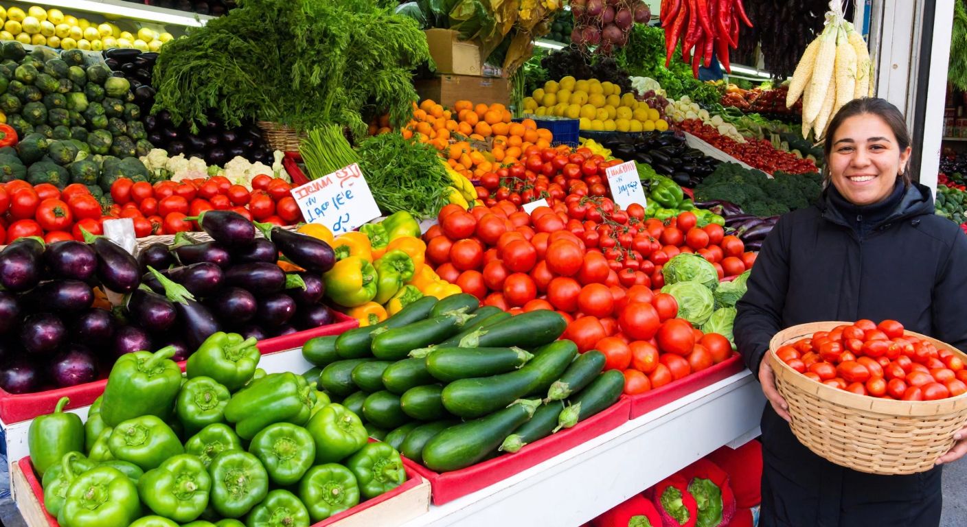 A vibrant Turkish market stall overflowing with fresh vegetables like eggplants, peppers, and tomatoes, with a smiling vendor holding a basket of greens, symbolizing vegetarianism.
