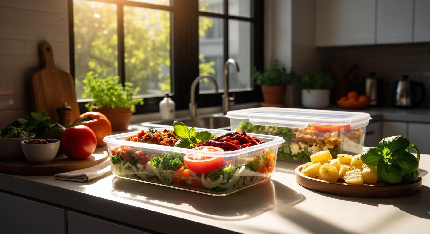 A clear, airtight plastic container filled with colorful Turkish meze dishes sits on a sunlit kitchen counter, ready for a picnic.