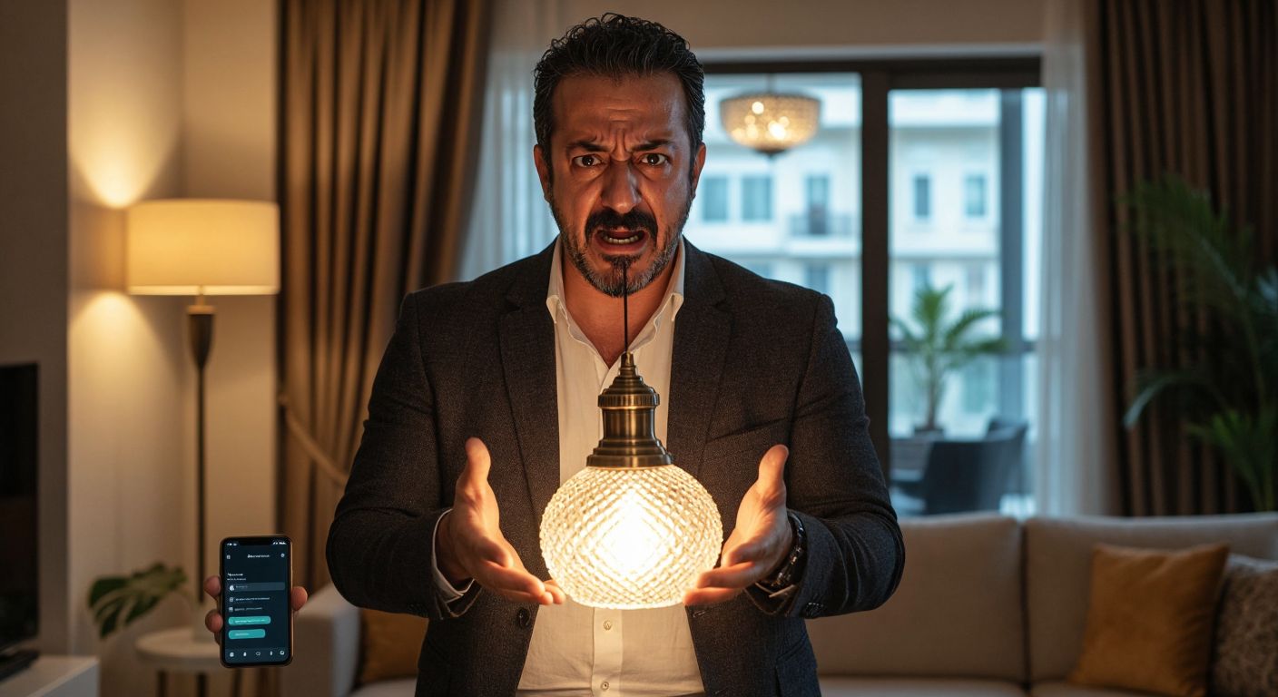 A frustrated Cem Yılmaz holds a broken luxury lamp in a modern Turkish living room, with a smartphone nearby displaying a customer service chat.  

(Note: The smartphone is shown without visible text or UI elements, only implying its use.)