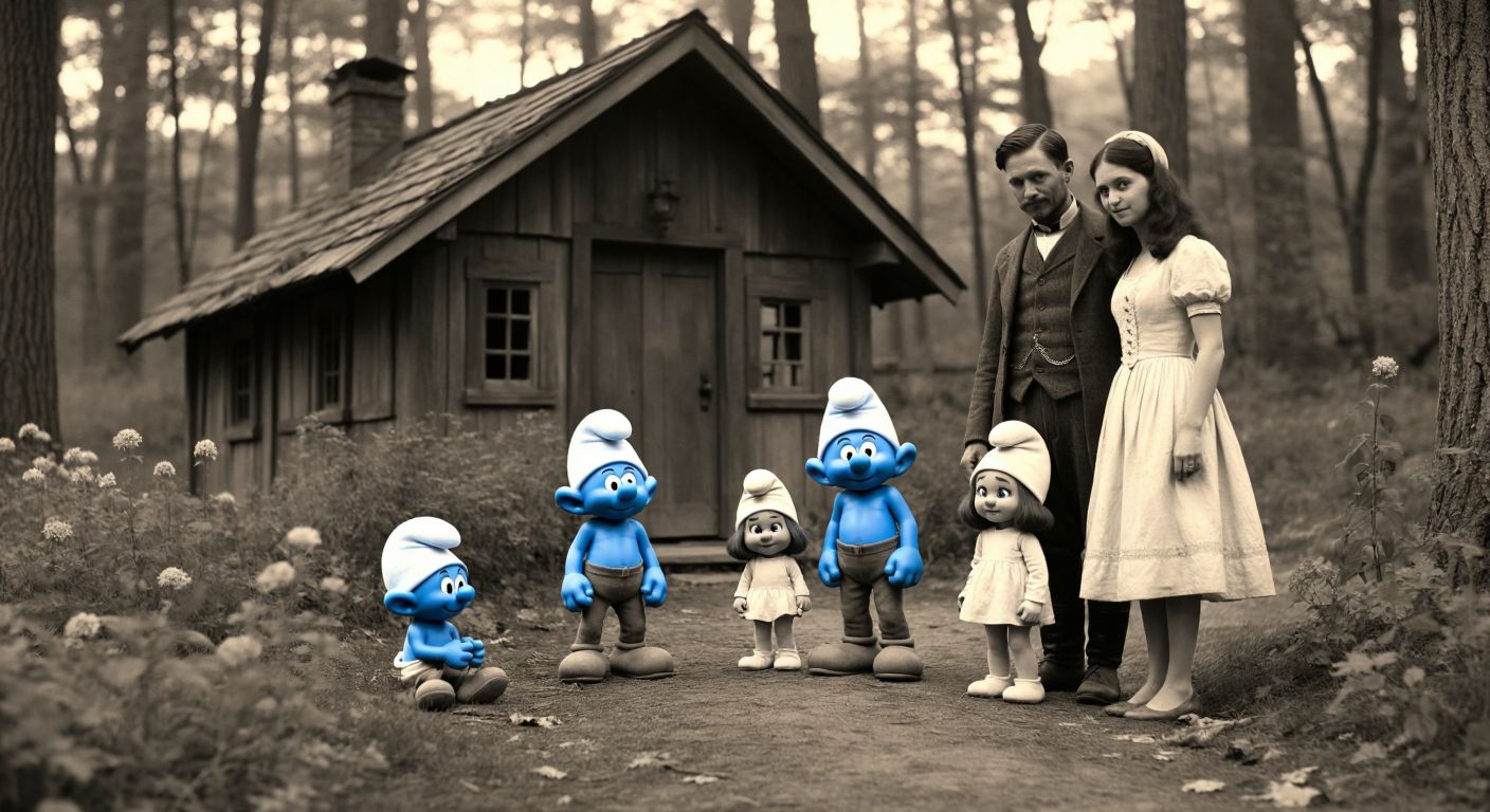 A whimsical scene of tiny blue cartoon Smurfs playing near a rustic wooden cottage in a lush forest, contrasted with a sepia-toned photograph of a historical family with bluish skin standing solemnly in old-fashioned clothing.