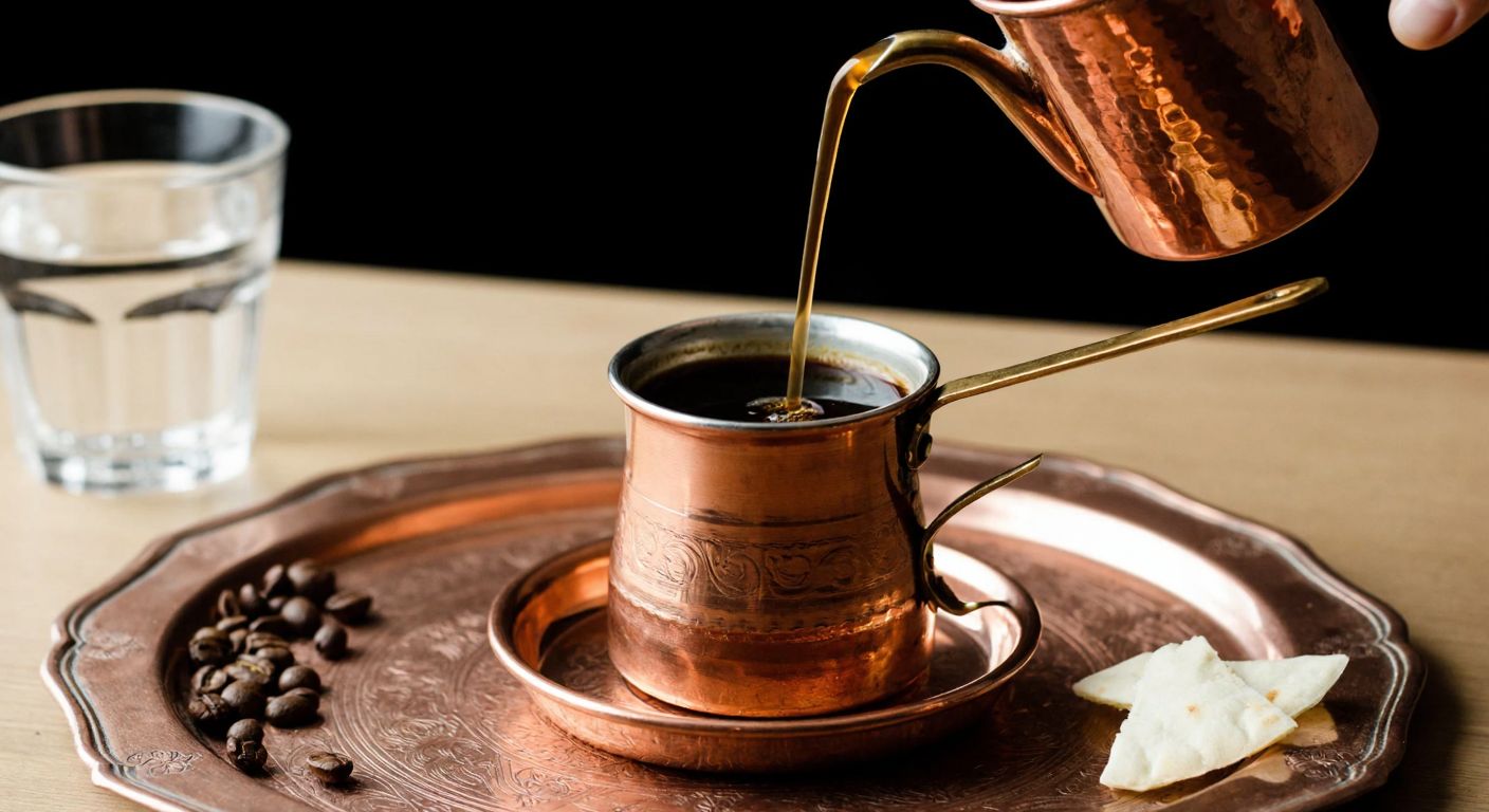 A small copper cezve simmering on a low flame, with fine coffee grounds swirling in dark liquid, poured into a delicate Turkish coffee cup on a traditional tray, surrounded by a few coffee beans and a glass of water.