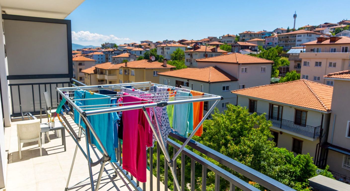 A sturdy aluminum clothes drying rack filled with colorful laundry stands on a sunny balcony in Turkey, overlooking a bustling neighborhood with terracotta rooftops.