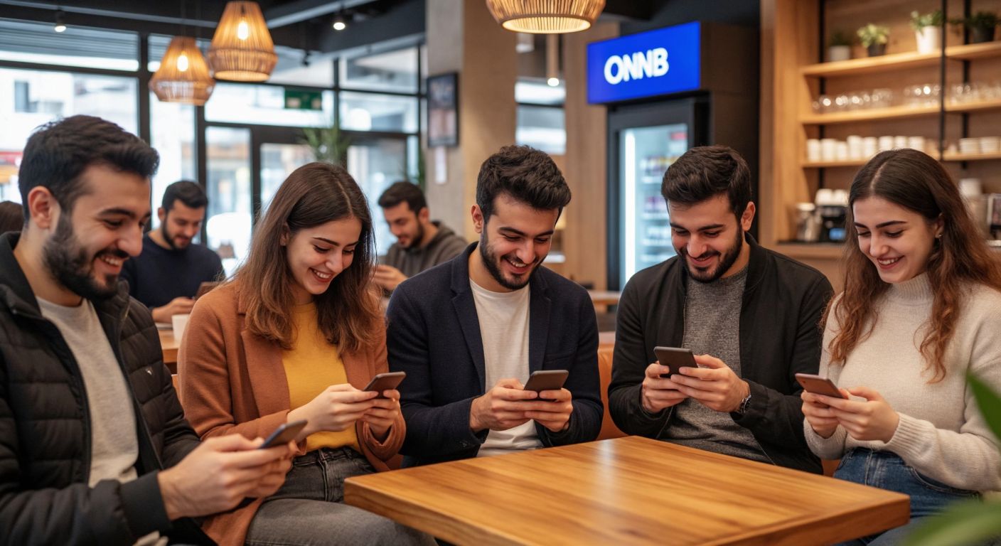 A diverse group of people in Turkey—young professionals, small business owners, and families—smiling while using smartphones in a modern café, with a QNB-branded ATM subtly visible in the background.