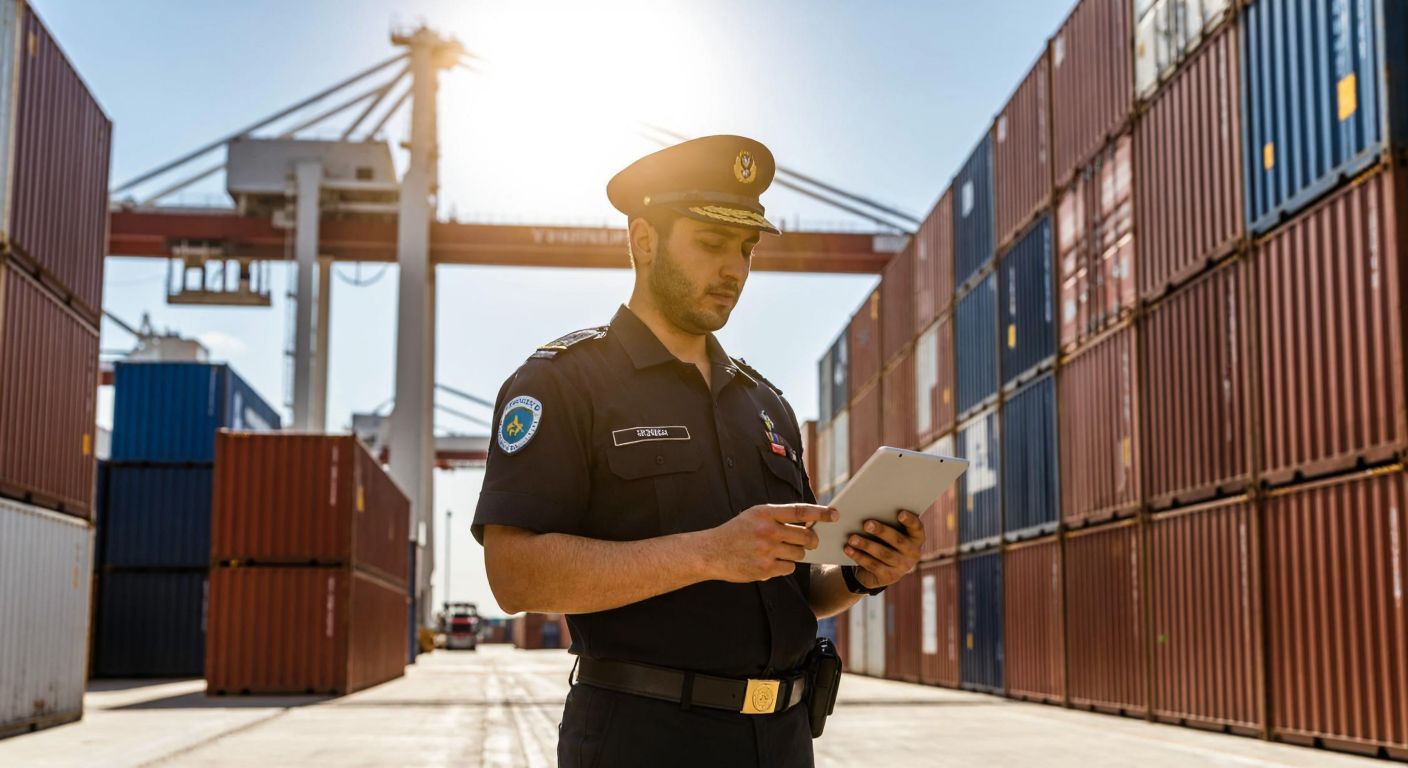 A Turkish customs officer in a crisp uniform stands at a busy port, holding a digital tablet while inspecting a stack of shipping containers under a bright sun.