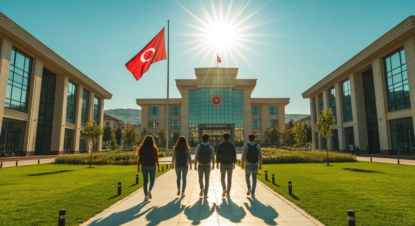 A modern university campus in Bandırma with Turkish students walking under a bright sun, surrounded by green lawns and a grand academic building with a Turkish flag waving atop.