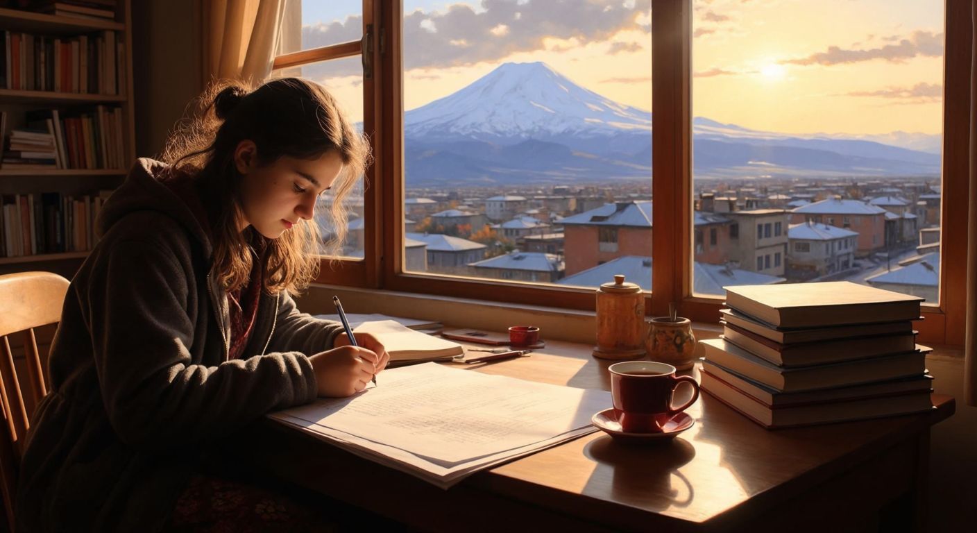 A young student in Van, Turkey, eagerly filling out a paper form at a wooden desk, surrounded by stacks of books and a warm cup of çay, with Mount Ararat visible through a sunlit window.