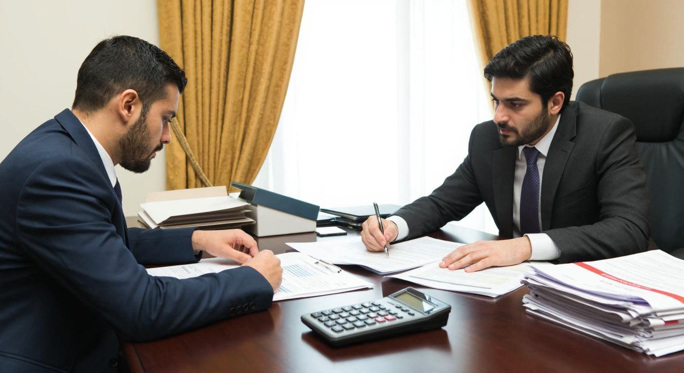 A Turkish tax officer in a formal office setting reviews documents on a desk, with a calculator and a stack of financial papers nearby, while a businessman in a suit waits attentively.