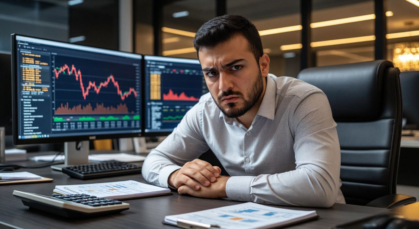 A focused Turkish trader in a modern office, frowning at a computer screen displaying fluctuating gold prices, with a calculator and notebook showing handwritten financial calculations nearby.