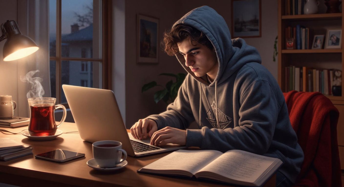 A young Turkish student in a cozy home setting, wearing a university hoodie, intently focuses on a laptop screen displaying a login page, with a steaming cup of Turkish tea beside them and a notebook filled with handwritten study notes nearby.