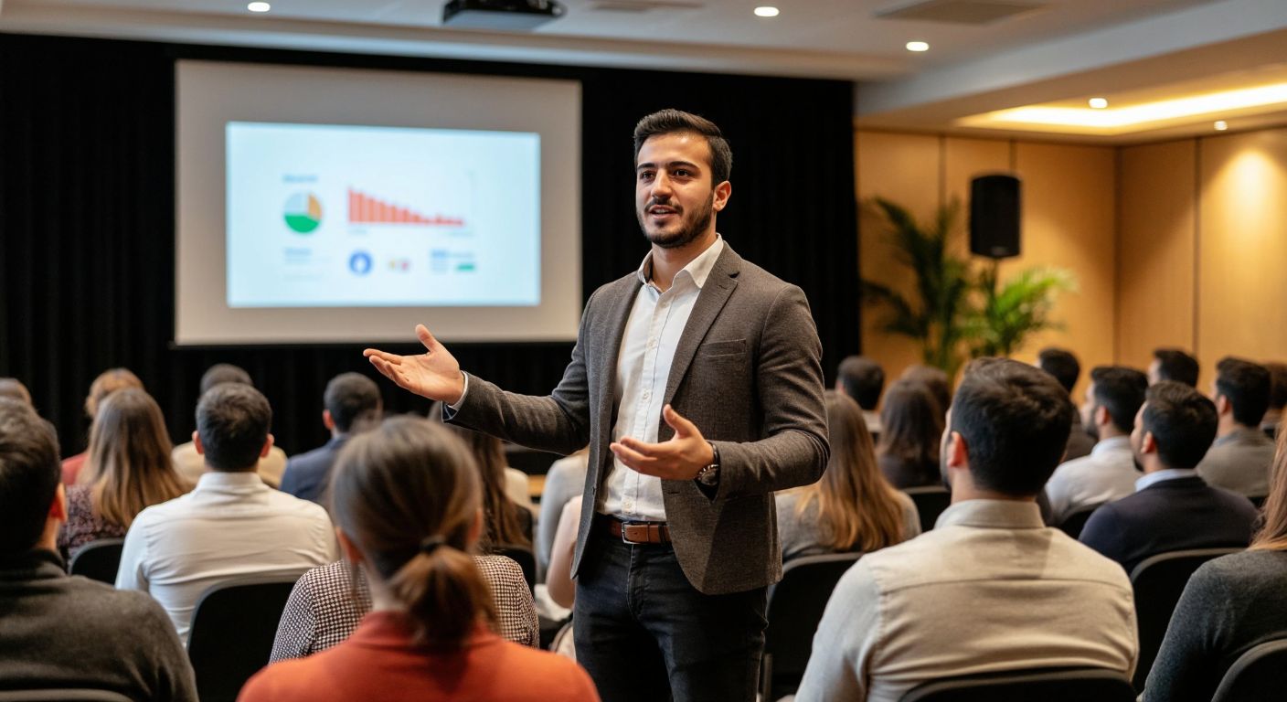 A confident Turkish presenter in a smart-casual outfit stands before a diverse audience in a well-lit conference room, gesturing toward a simple, visually engaging slide projected behind them.