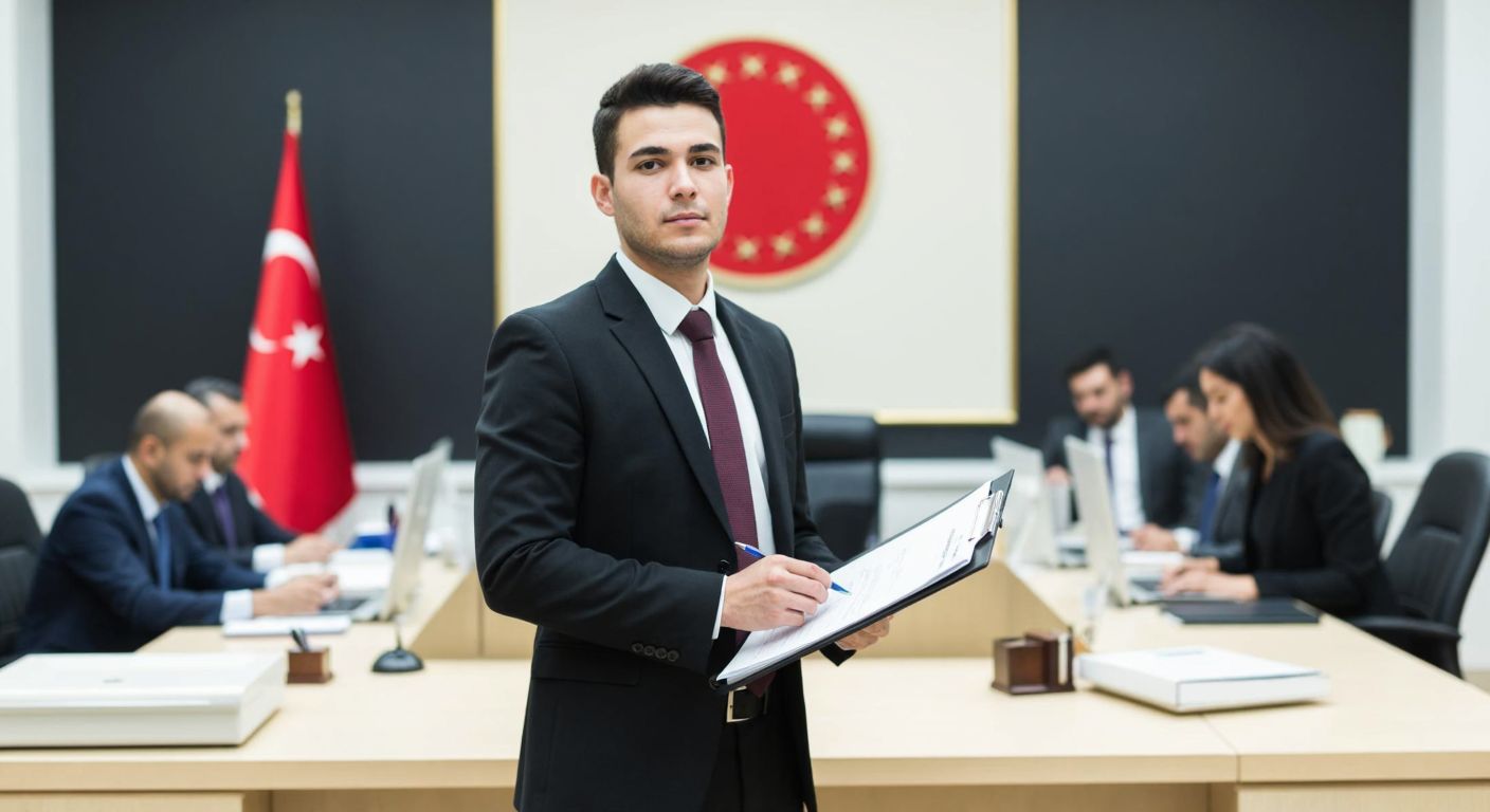 A young professional in a formal suit stands confidently in a Turkish government office, holding a clipboard while inspecting documents, with colleagues in the background working at desks under the framed national emblem.