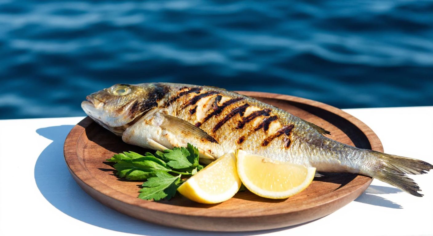 A freshly grilled hanos fish with crispy golden skin, served on a rustic wooden plate beside lemon wedges and fresh herbs, with the shimmering blue waters of the Aegean Sea in the background.