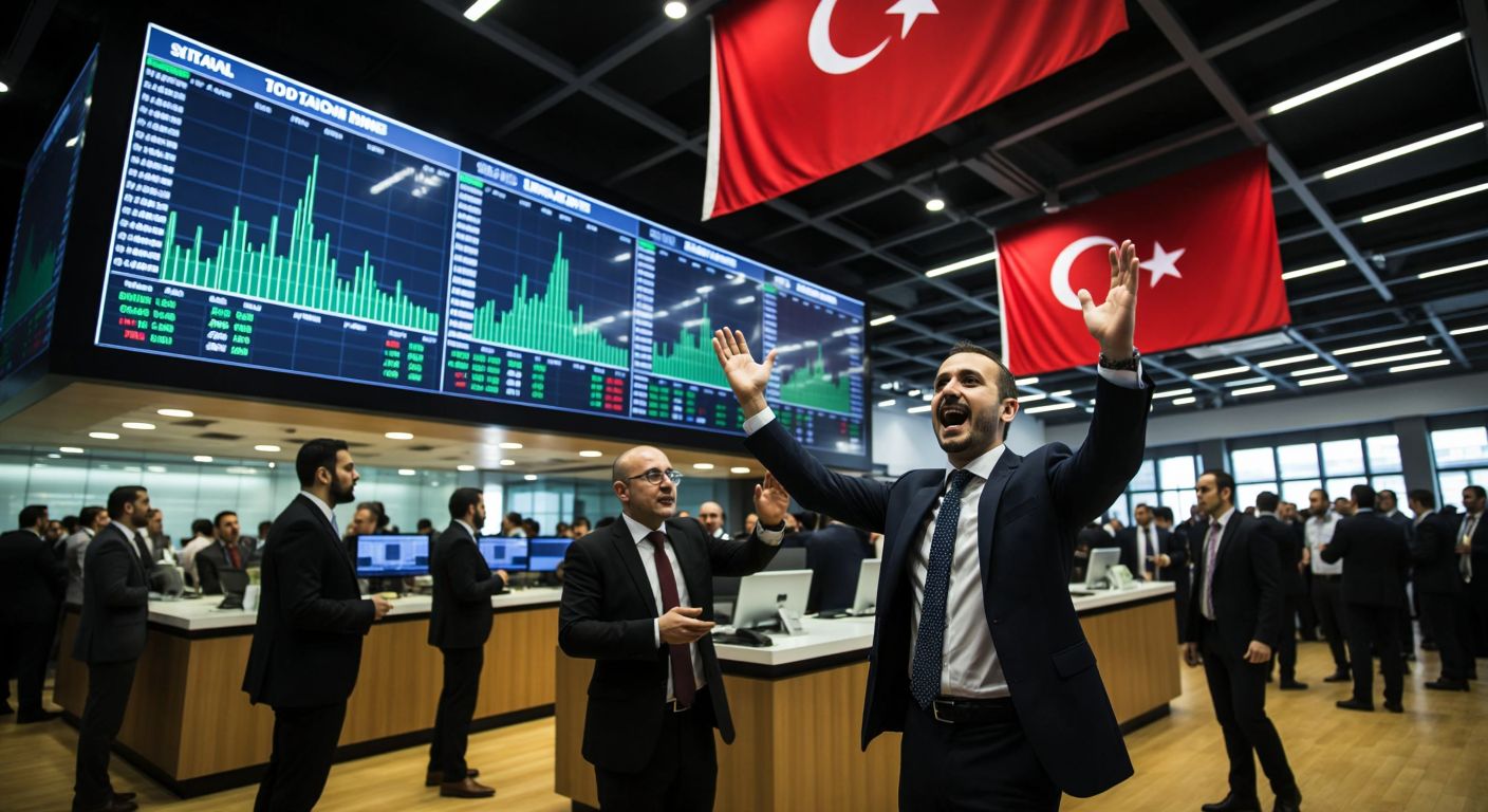 A bustling Istanbul stock exchange floor with traders in suits gesturing animatedly, framed by a large digital ticker (without text) displaying fluctuating graphs, while a Turkish flag subtly hangs in the background.  

*(Note: While the description includes a "digital ticker," it is specified as without text or symbols to comply with constraints.)*