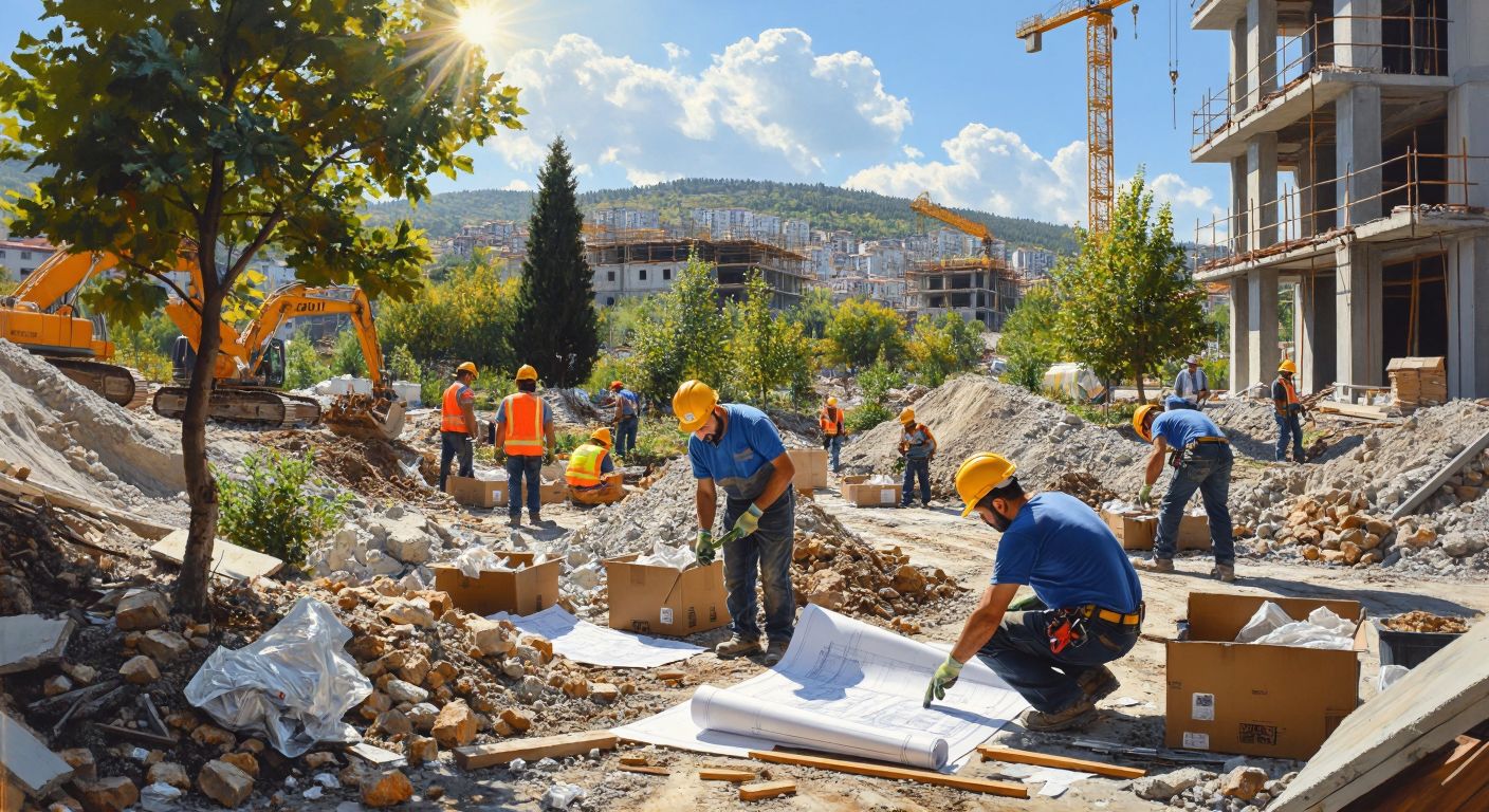 A bustling construction site in Turkey with workers in hard hats sorting waste materials, landscapers planting trees, and engineers reviewing blueprints under a bright sun.